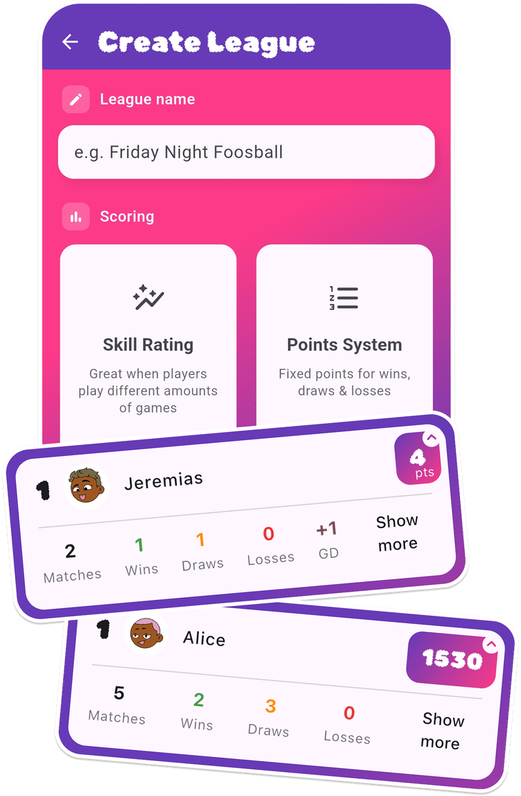 Create league screen with points and skill rating options