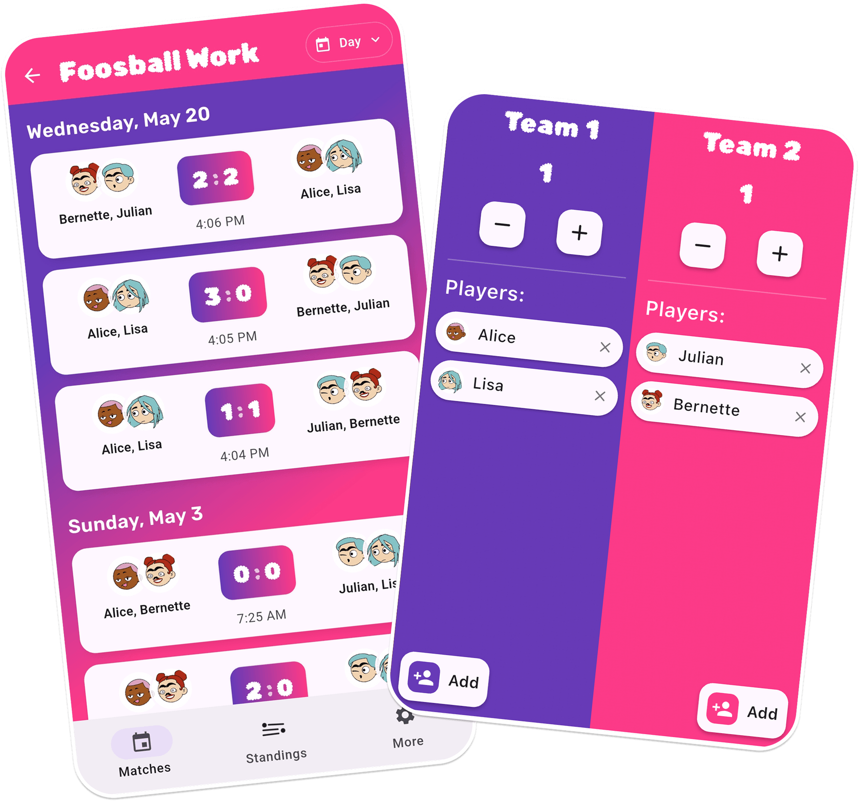 Match history and add match screens