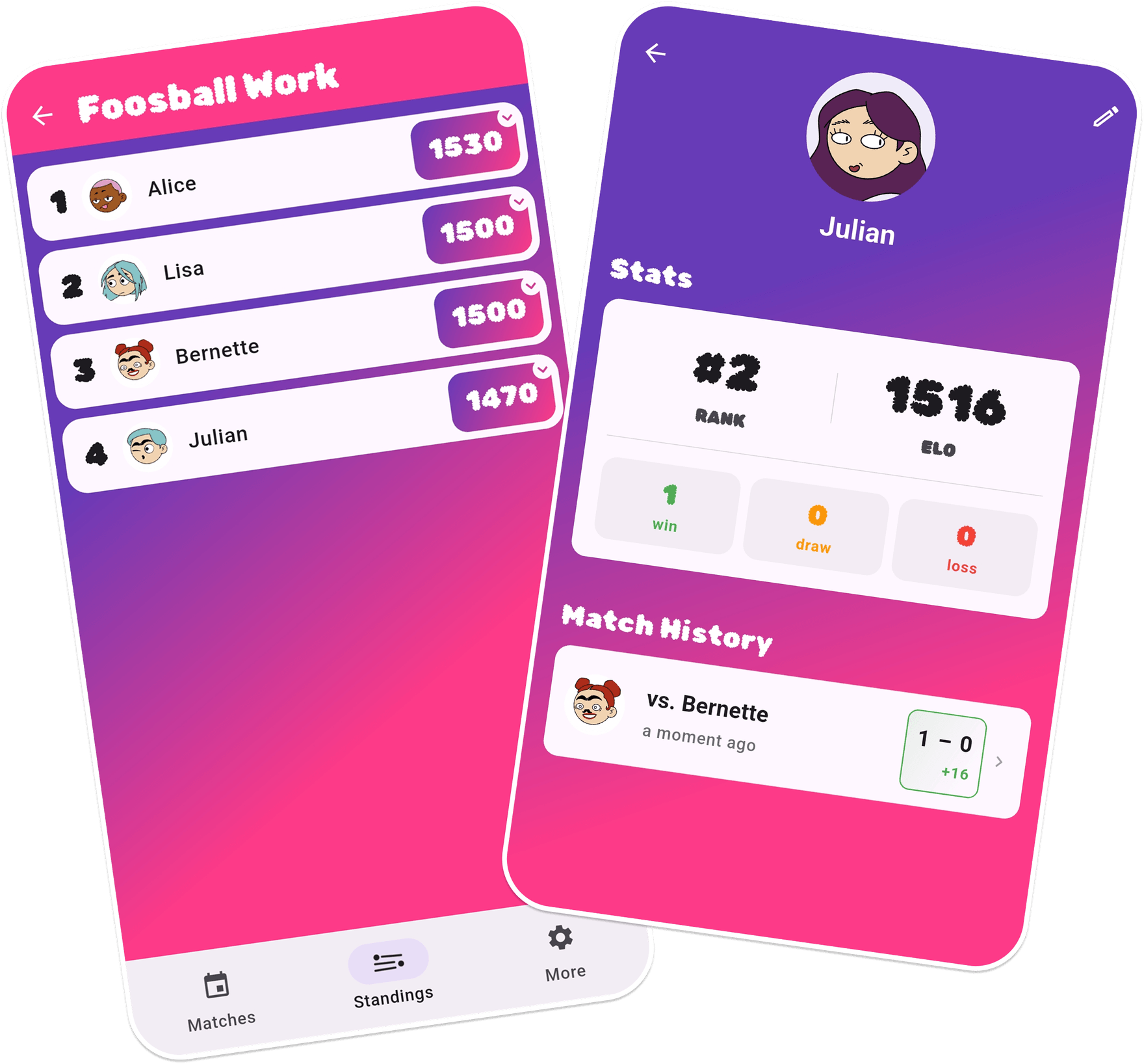 League standings and player profile screens