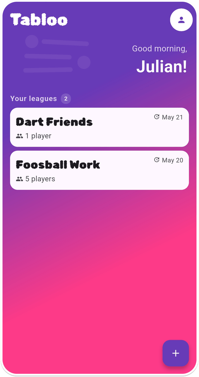 Tabloo home screen showing your leagues